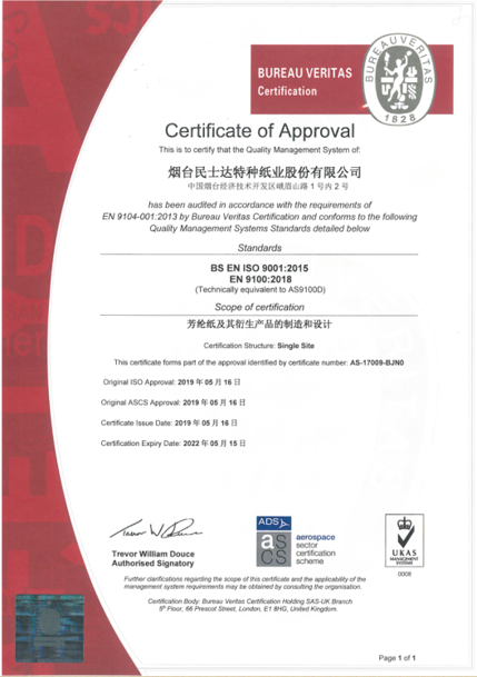 2019年，通过“AS9100航空体系”认证